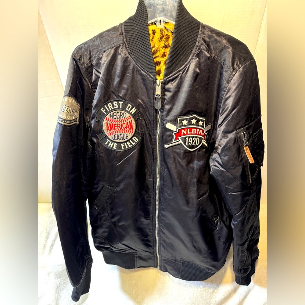 Stall & Dean Negro League Bomber Jacket w/Patches Size XL Faux Leopard Lining
